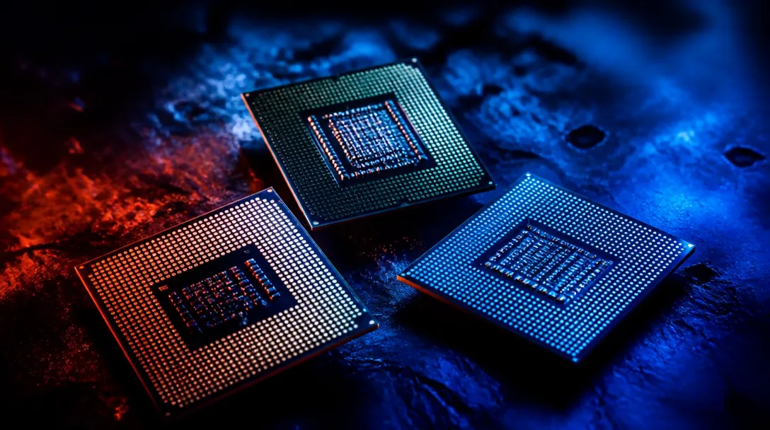 Tre processorkretsar i neonljus på mörk bakgrund, symboliserar Nvidia, AMD och Intel i AI-chipkriget