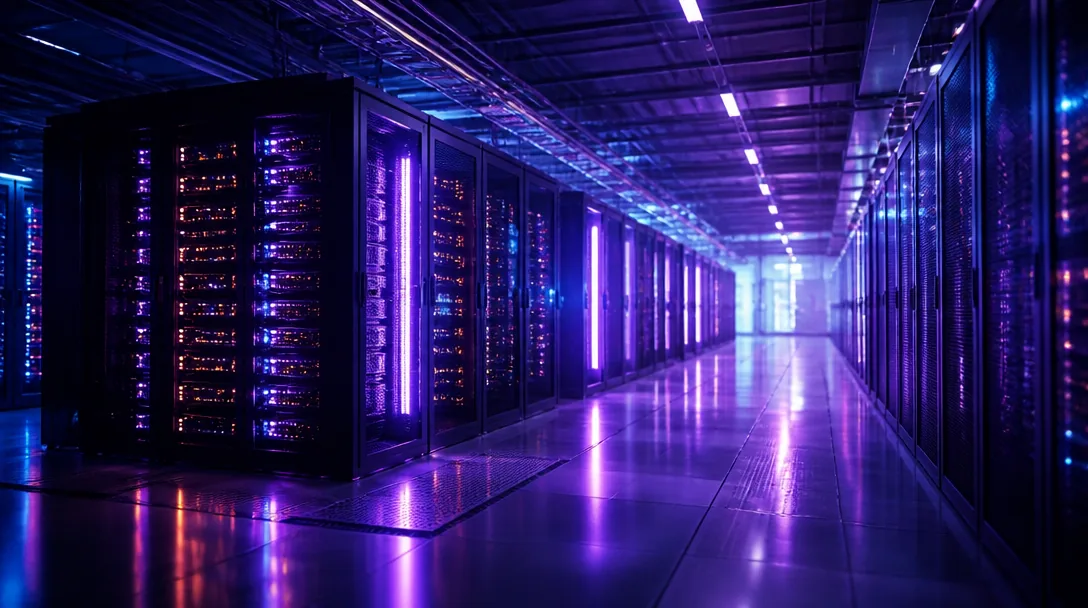 Abstrakt visualisering av AI-datacenter i blålila ljus