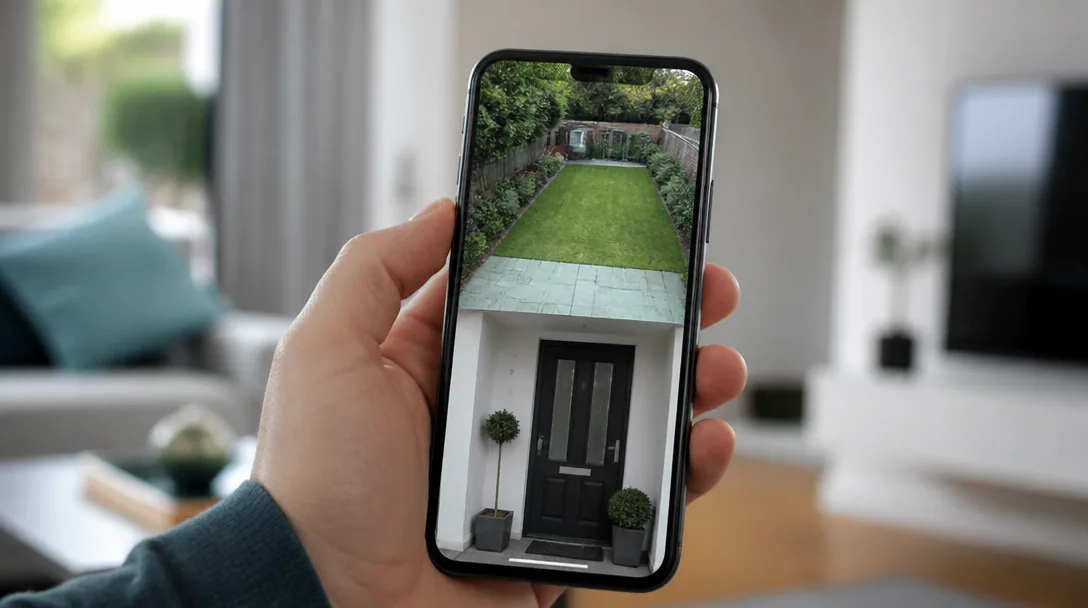 Smartphone-app med livebild från övervakningskamera vid ytterdörr hålls i hand inomhus