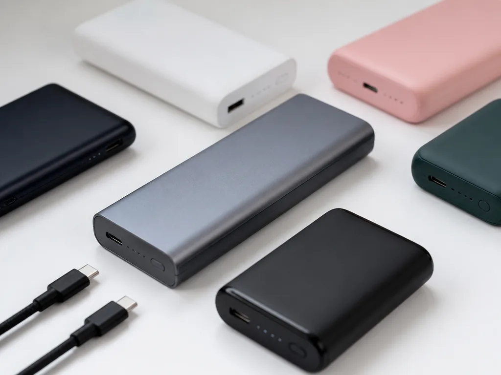 Flera moderna powerbankar med USB-C-kablar på vit yta i produktfotografi