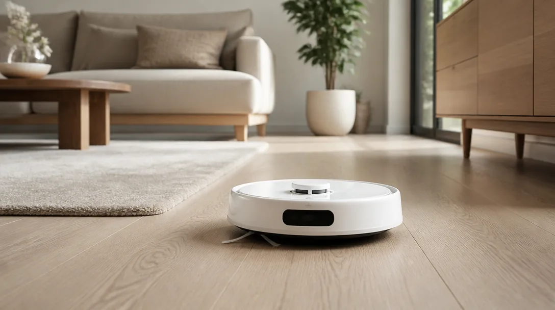 Vit robotdammsugare på ljust ekgolv i modernt skandinaviskt hem