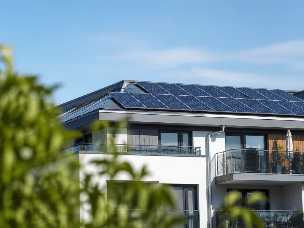 Solpaneler installerade på taket till ett flerbostadshus mot blå himmel