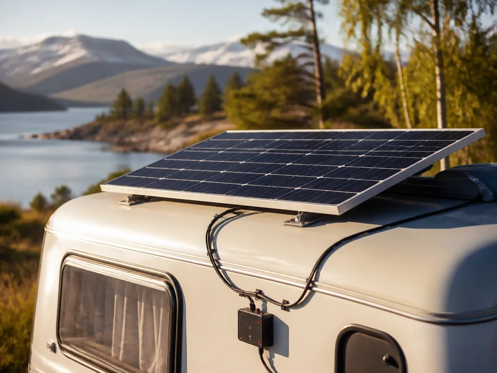 Solpanel monterad på taket av en husvagn på en solig campingplats