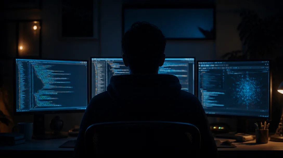 En person framför tre skärmar med kodeditor och AI-verktyg, symboliserar solo founder med AI-stack