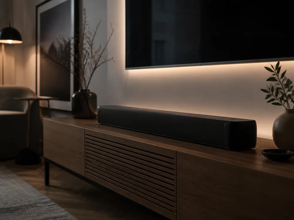 Smal svart soundbar på ett trä-TV-bänk i ett dunkelt skandinaviskt vardagsrum med LED-bakgrundsbelysning bakom tv:n