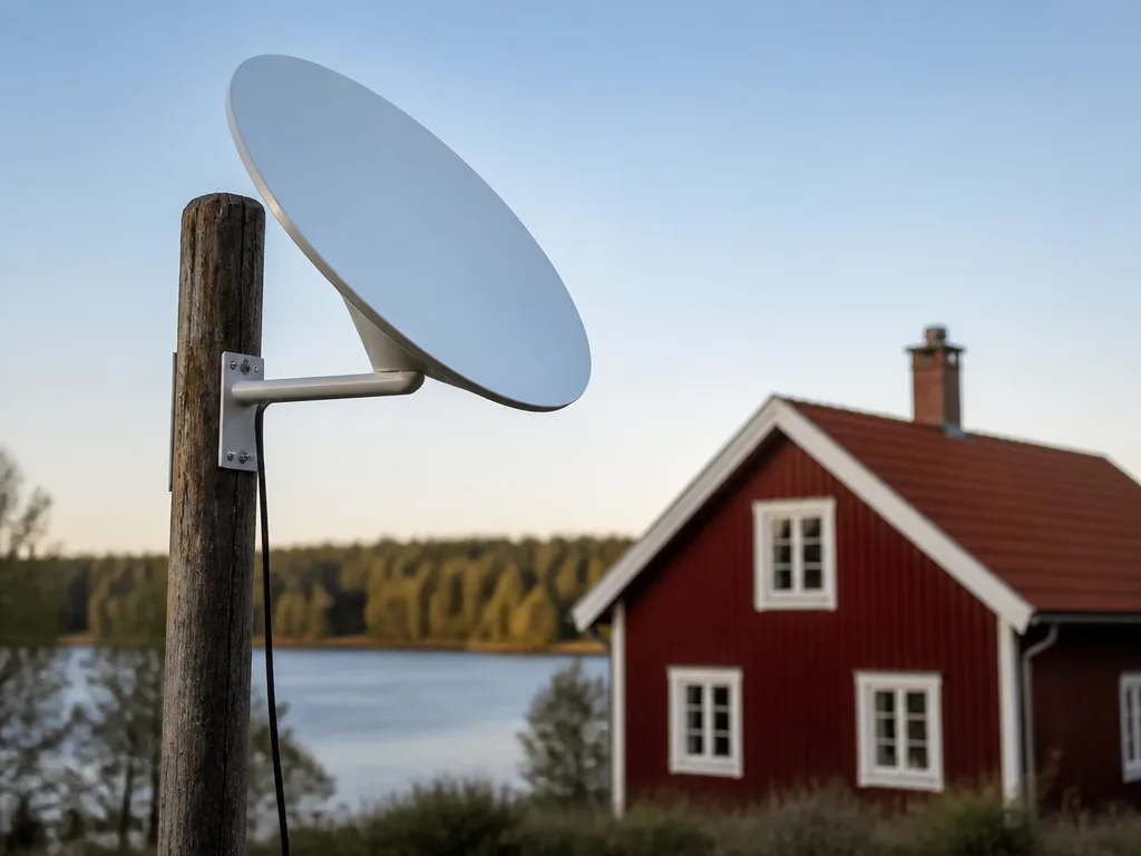 Vit satellitantenn för internet monterad på en trästolpe utanför en röd stuga på den svenska landsbygden