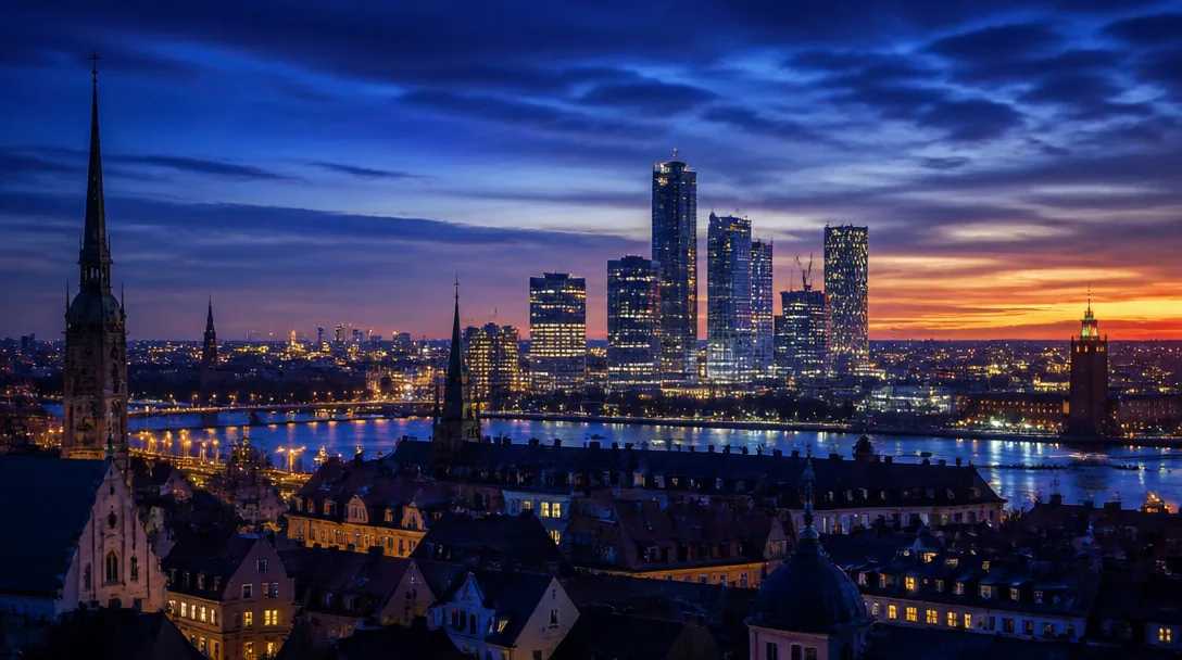 Stockholms skyline med glödande fönster i skymningen, symbol för det svenska tech-ekosystemet