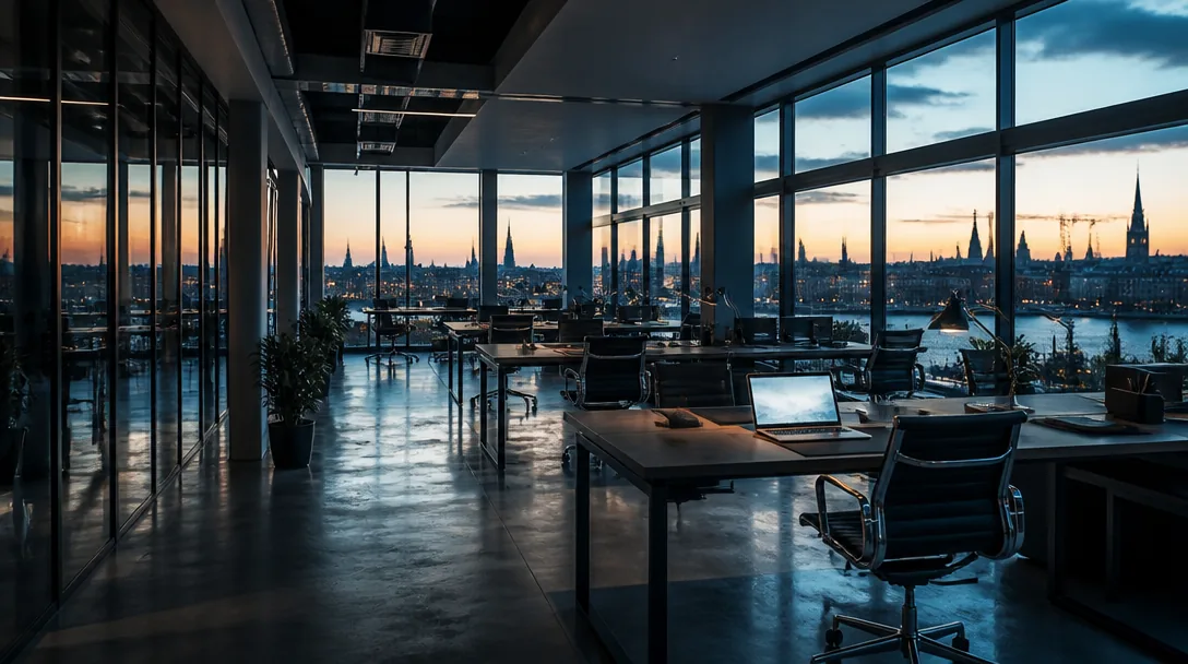 Tom modern kontorslandskap med fönsterglas mot Stockholm