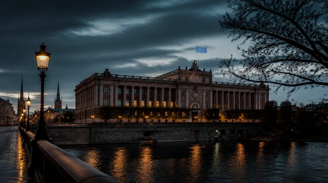 Stockholms innerstad i kvällsljus med EU-flaggor utanför Riksdagshuset