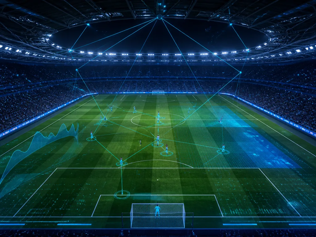 Kamerarigg och skärmar i ett kontrollrum som övervakar en fotbollsmatch på en upplyst arena