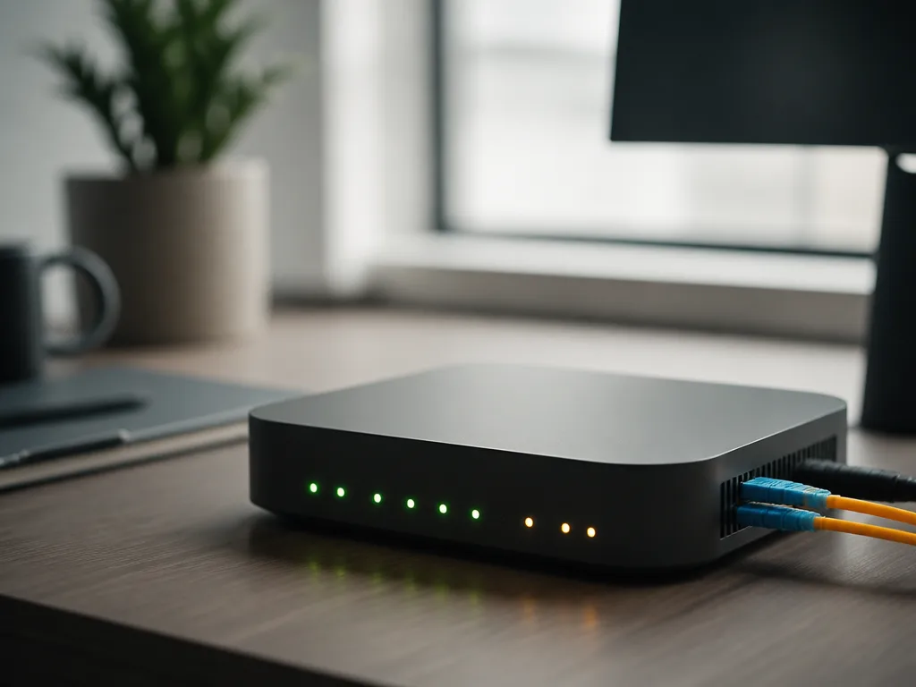 Fiberrouter med tända statuslampor och inkopplade fiberkablar på ett skrivbord
