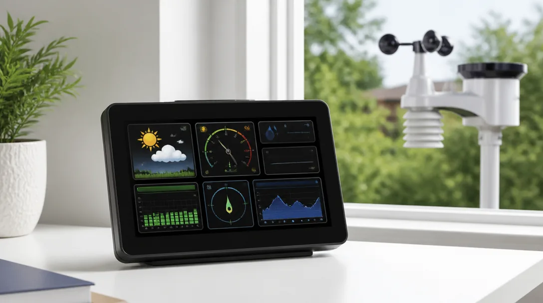 Modern trådlös väderstation med display på vitt skrivbord nära fönster