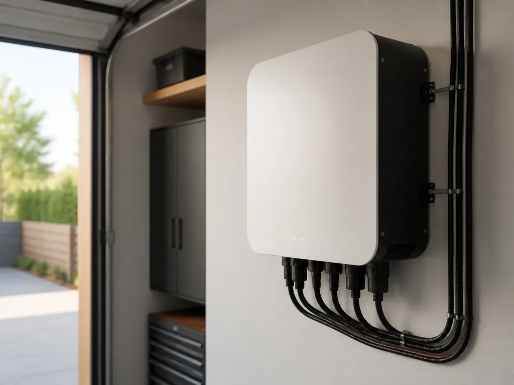 Växelriktare för solceller monterad på en garagevägg med anslutna kablar