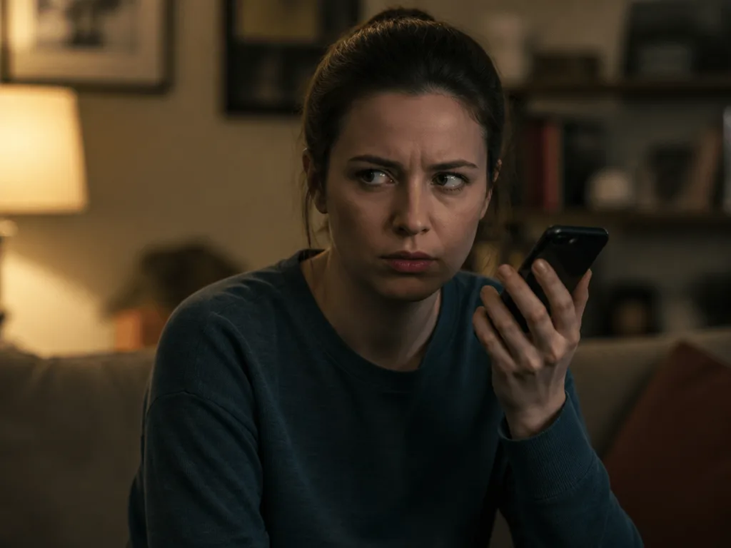 Person som misstänksamt tittar på sin mobiltelefon under ett oväntat samtal