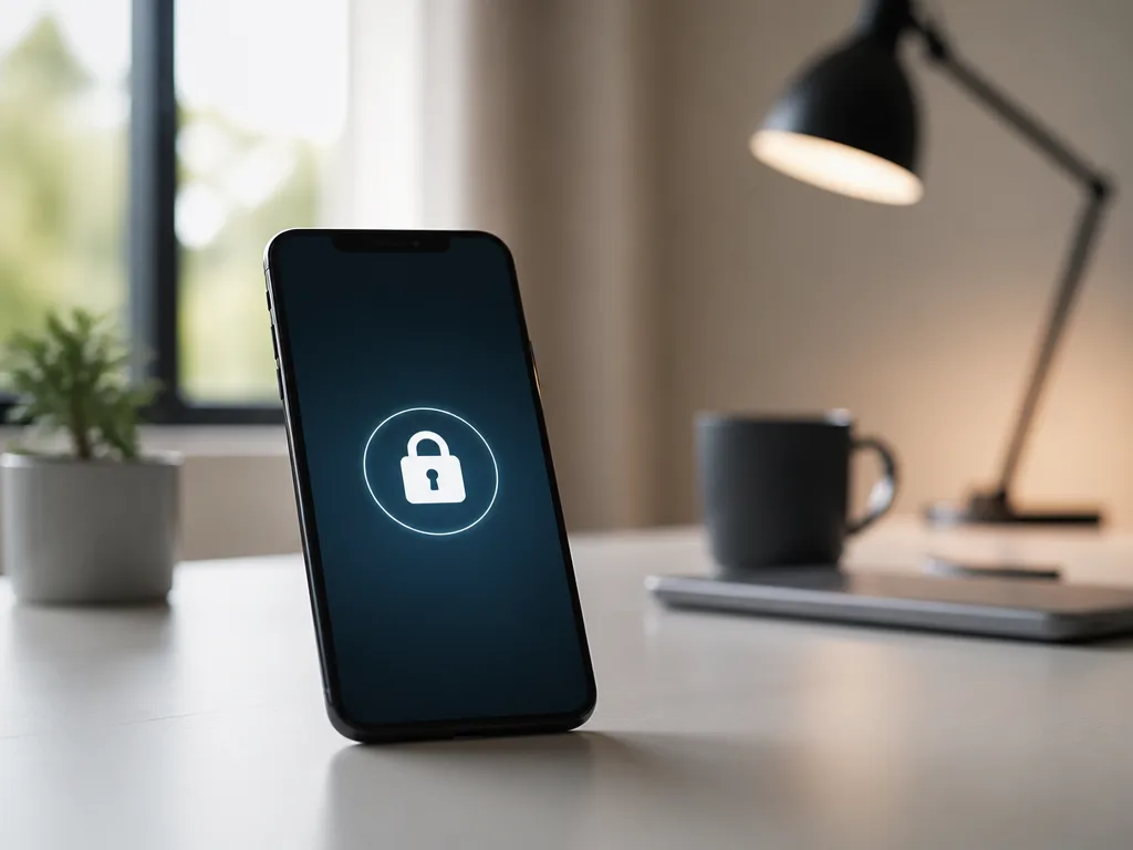 iPhone som visar en aktiv VPN-anslutning med lås-symbol, på ett bord med surfplatta