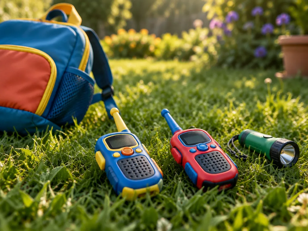Två färgglada walkie talkies för barn på gräsmattan bredvid en ryggsäck och en ficklampa i kvällssol